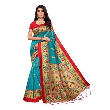 Blue printed art silk saree with blouse 1