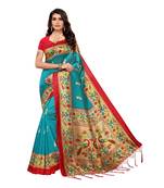 Blue printed art silk saree with blouse