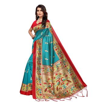 Blue printed art silk saree with blouse 2