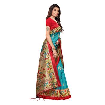 Blue printed art silk saree with blouse 3