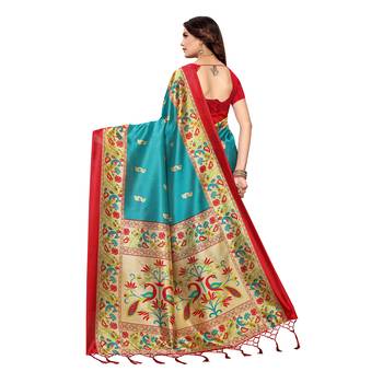 Blue printed art silk saree with blouse 4