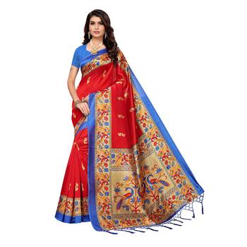 Red printed art silk saree with blouse 1
