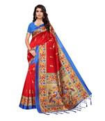 Red printed art silk saree with blouse