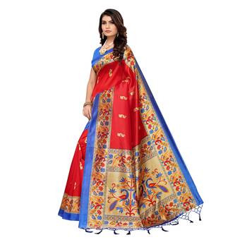Red printed art silk saree with blouse 2