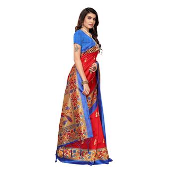 Red printed art silk saree with blouse 3