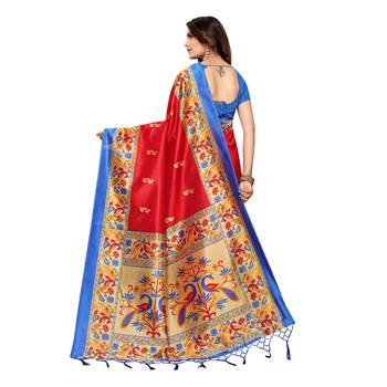 Red printed art silk saree with blouse 4