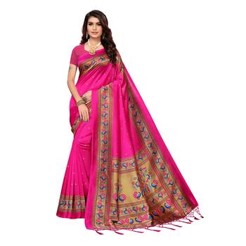 Pink printed art silk saree with blouse 1