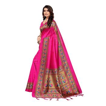 Pink printed art silk saree with blouse 2