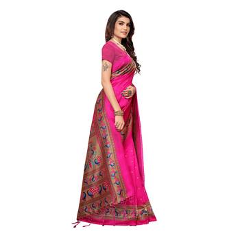 Pink printed art silk saree with blouse 3