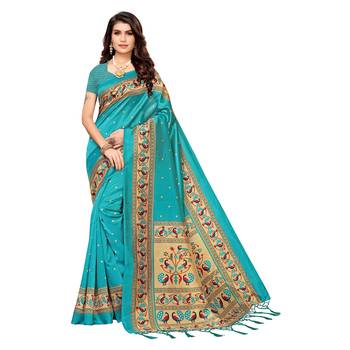 Blue printed art silk saree with blouse 1