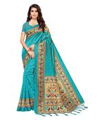 Blue printed art silk saree with blouse