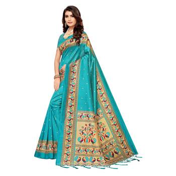 Blue printed art silk saree with blouse 2