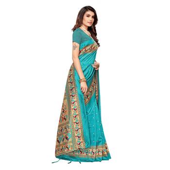 Blue printed art silk saree with blouse 3