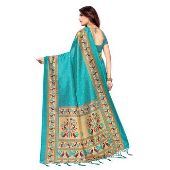 Blue printed art silk saree with blouse 4