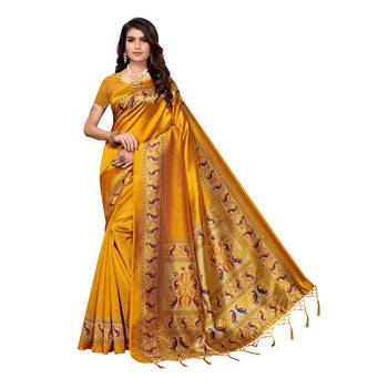 Yellow printed art silk saree with blouse 1