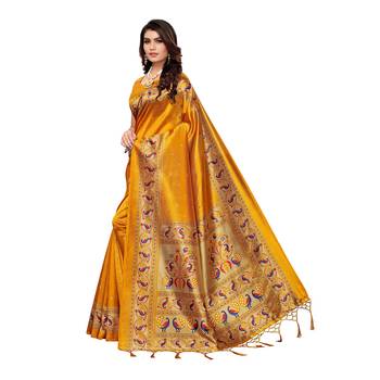 Yellow printed art silk saree with blouse 2