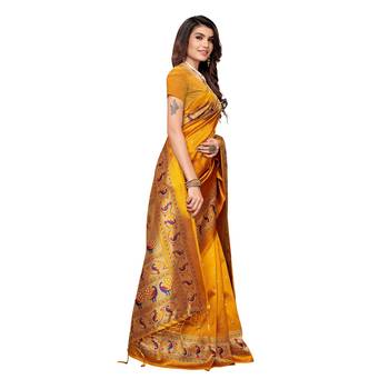 Yellow printed art silk saree with blouse 3