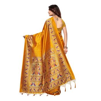 Yellow printed art silk saree with blouse 4