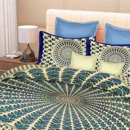 RIDAN  Mor Pankh Print Pure Cotton Double  Blue Bedsheet 1