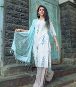 Exclusive White Handpainted Kurta Set With Pastel Shaded Dupatta