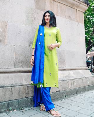 Lime Green And Blue Hand Work Suit 1