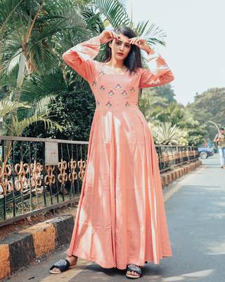 Salmon Peach Hand Work Gown Dress 1