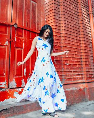 White Base With Blue Floral Handpainted Dress 1