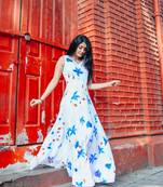 White Base With Blue Floral Handpainted Dress