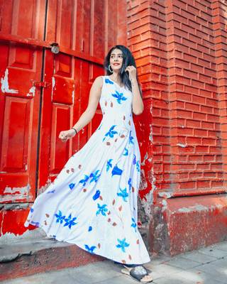 White Base With Blue Floral Handpainted Dress 3