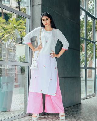White Blush Hand Embroidered Cotton Suit With Potli 1