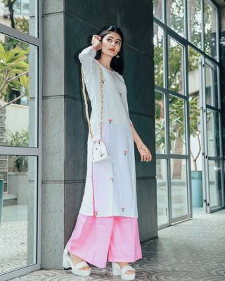 White Blush Hand Embroidered Cotton Suit With Potli 2