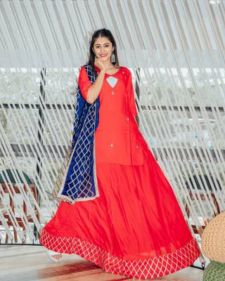 Red Cherry Cotton Skirt Dress With Blue Dupatta 1