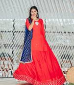 Red Cherry Cotton Skirt Dress With Blue Dupatta