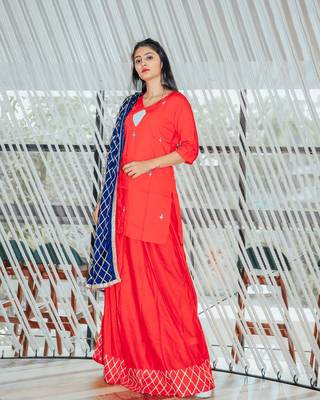 Red Cherry Cotton Skirt Dress With Blue Dupatta 2