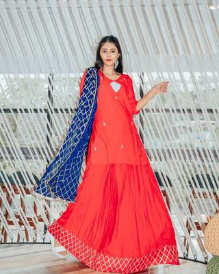 Red Cherry Cotton Skirt Dress With Blue Dupatta 3