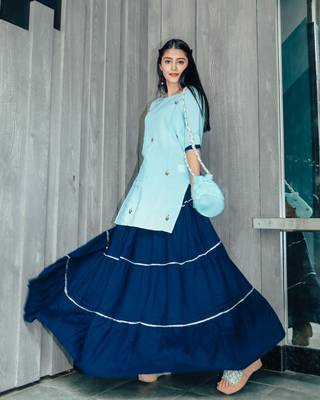 Watery Blue Hand Embroidered Skirt Dress With Potli 1