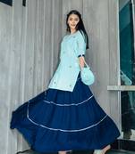 Watery Blue Hand Embroidered Skirt Dress With Potli