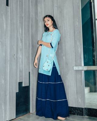 Watery Blue Hand Embroidered Skirt Dress With Potli 2