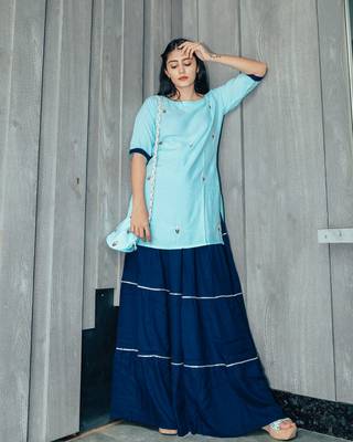 Watery Blue Hand Embroidered Skirt Dress With Potli 3