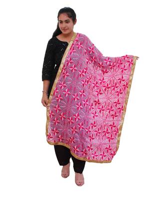 pink Heavy Embroidery Phulkari Dupatta 1