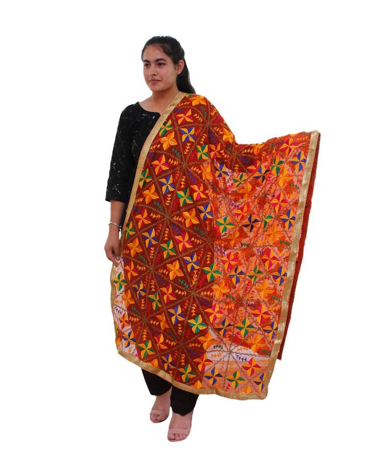 orange Heavy Embroidery Phulkari Dupatta