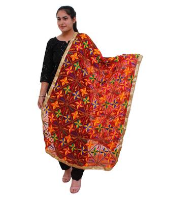 red Heavy Embroidery Phulkari Dupatta 1