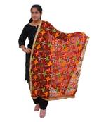 red Heavy Embroidery Phulkari Dupatta