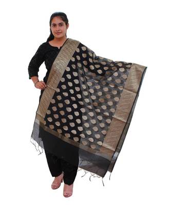 black Chanderi Silk Banarsi Dupatta 1