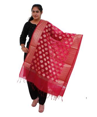 pink Chanderi Silk Banarsi Dupatta 1