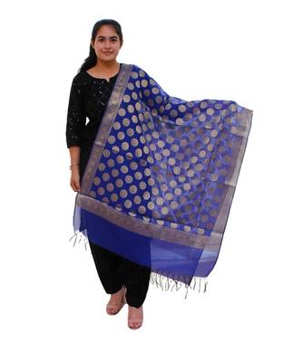 blue Chanderi Silk Banarsi Dupatta 1