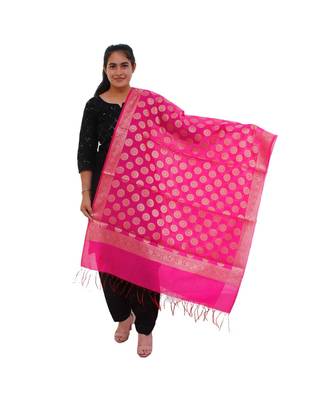 pink Chanderi Silk Banarsi Dupatta 1