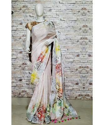 Cream Floral Print Linen Saree 1