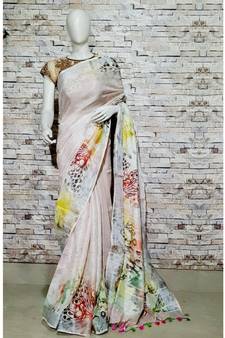 Cream Floral Print Linen Saree