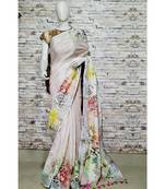 Cream Floral Print Linen Saree